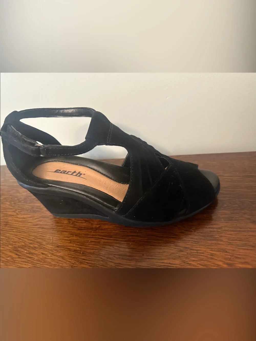 Earth Black Suede Wedge Sandals with Ankle Strap